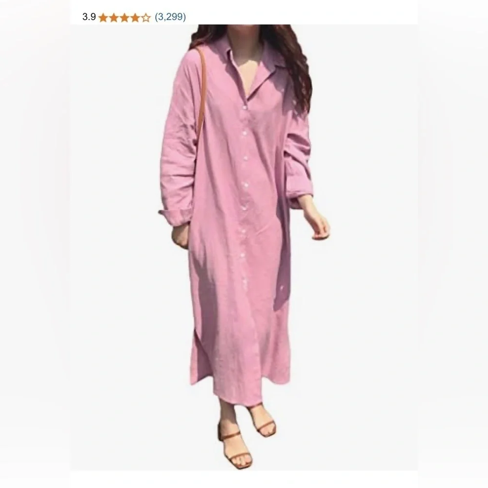 GGUHHU Pink Long Sleeve Button-Up Dress